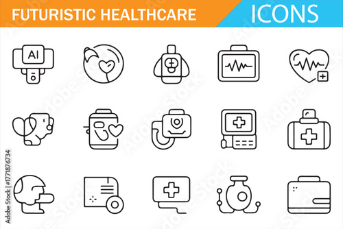 Digital Healthcare and Innovation Outline Symbol Pack