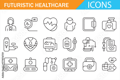 Futuristic Healthcare and Medical Technology Line Icon Set