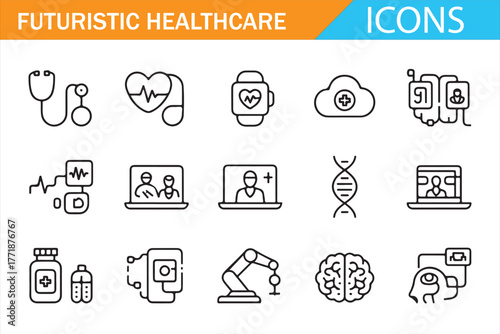 Set of Futuristic Healthcare Line Icons — Digital Medicine, Telehealth, AI Medical Technology, DNA Analysis, Robotic Surgery, Smartwatch, and Cloud Data Vector Symbols for Modern Healthcare Concepts