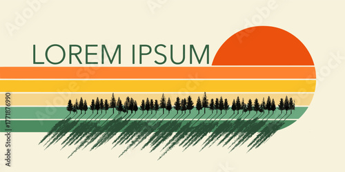 Pine trees and a sunset graphic make a colorful vector background about forestry and apline forests.