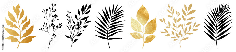 Fototapeta premium PNG Elegant gold black leaf illustration, element set on transparent background