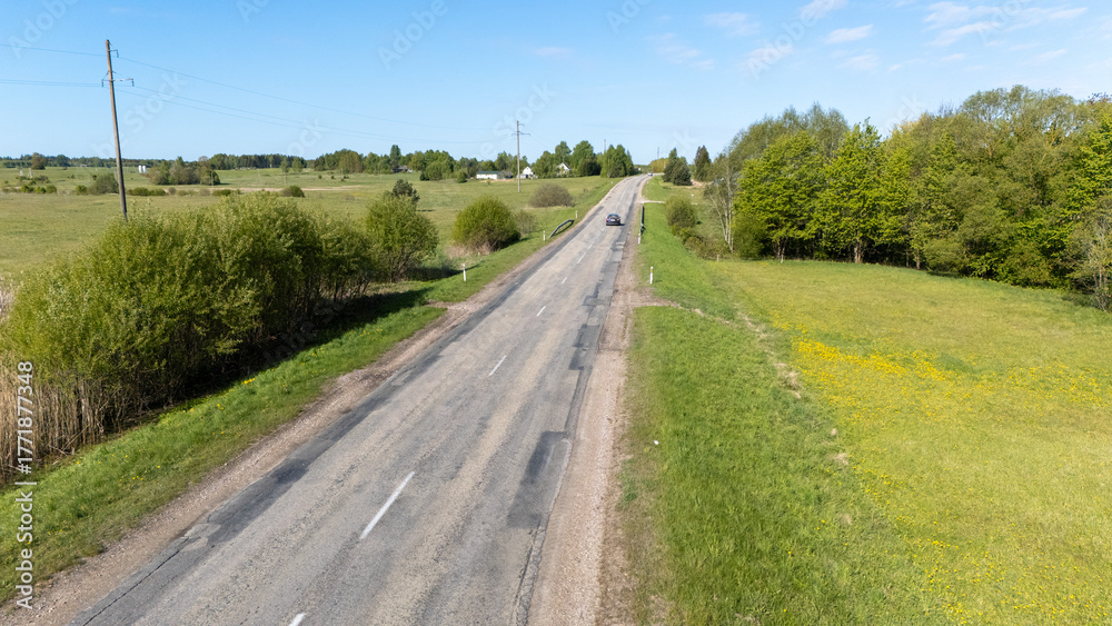 Naklejka premium Car on a Rural Road in a Green Landscape
