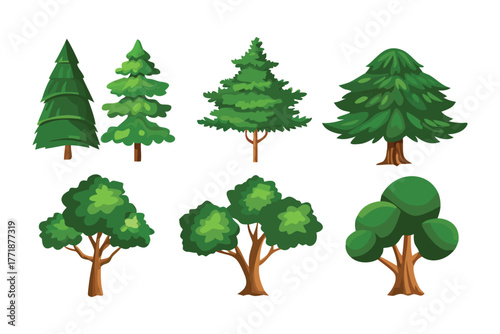 Diverse Green Trees: A vibrant assortment of various trees, showcasing the beauty of nature's botanical variety. Featuring different shapes and sizes of trees.