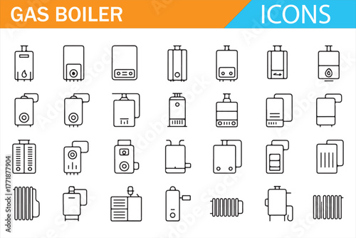 Plumbing and Boiler Equipment Icons – Linear Industrial Vector Set
