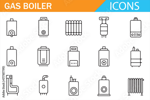 Modern Gas Boiler Line Icons – Energy, Heat, and Engineering Symbols