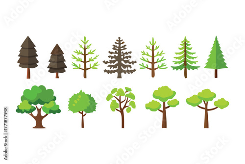 Diverse Tree Collection: A vibrant assortment of tree illustrations, showcasing a variety of shapes and styles, perfect for design projects and enhancing visual concepts.