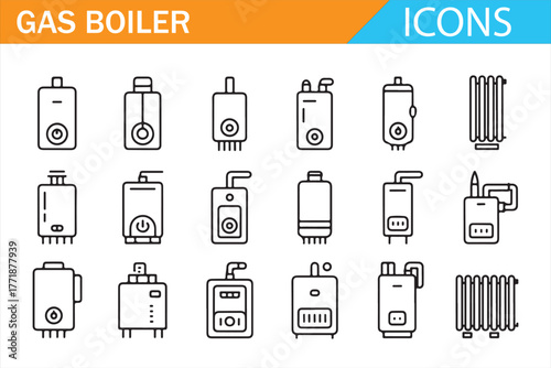 Home Heating Technology Icons – Gas Boiler and Energy System Illustration