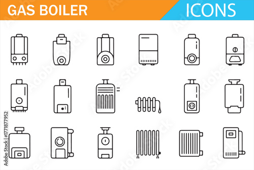 Gas Boiler and Heating System Icons – Line Vector Set for Industrial Design