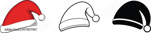 Santa hat icon set. Santa hat illustration set in color, outline, and silhouette versions,