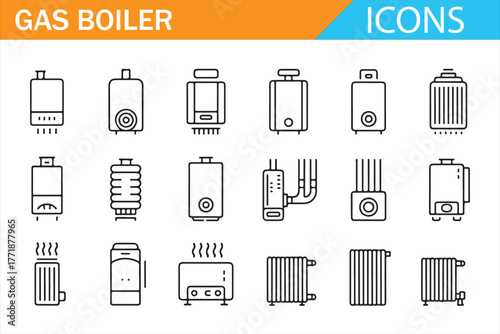 Gas Boiler Vector Icon Set – Linear Outline Illustrations Featuring Heating System, Water Heater, Radiator, Boiler Unit, Thermostat, Gas Equipment, and Central Heating Technology Concepts