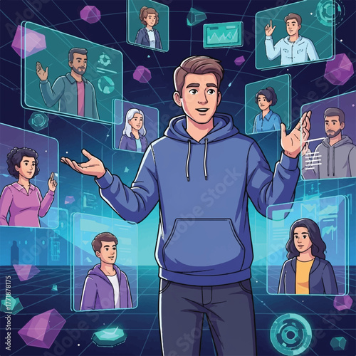 A young startup leader, dressed casually, collaborates with teammates in a digital 3D office.