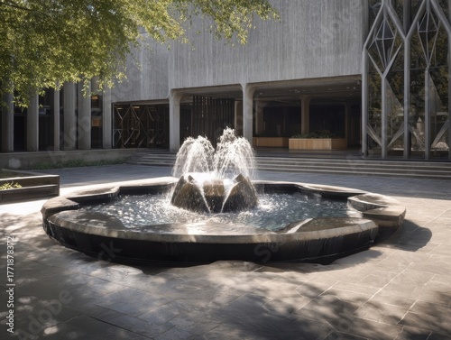 Grand Building Entrance Fountain - Brutalist Architecture Water Feature Lush Green Foliage Sunlight Shadows Modern Urban Design