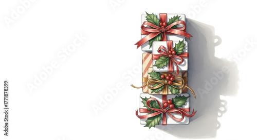 Stack of festive gift boxes with holly and ribbon, arranged vertically, conveying holiday cheer and present-giving.