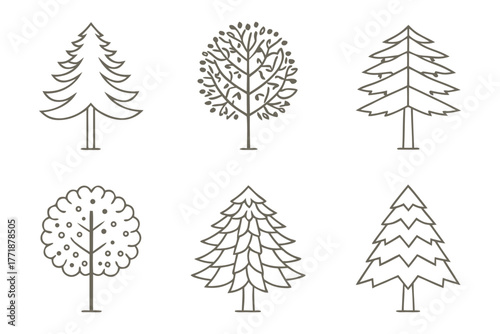 Various Tree Illustrations: A collection of simple, elegant tree illustrations, each showcasing a unique shape and style, perfect for adding a touch of nature-inspired design to any project.