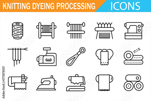 Textile Production Vector Icons – Knitting, Dyeing, and Sewing Process Illustration Set