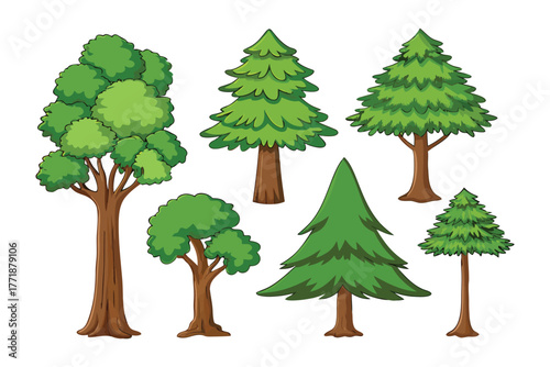 Array of Trees: A vibrant illustration showcasing various types of trees with lush green foliage and sturdy brown trunks. The artwork captures the diversity and beauty of nature's arboreal wonders.