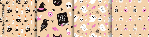 Vector set of cute halloween patterns with skulls, candles, witchcraft items, cat, raven, ghosts, mushrooms, candy, bones, stars, spiderwebs on beige background. Festive seamless prints collection.