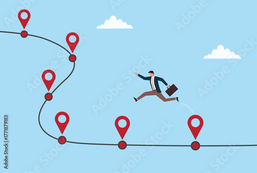 Vector illustration of a businessman leaping forward along a winding path marked with location pins, symbolizing career progress, goal achievement, and journey toward success
