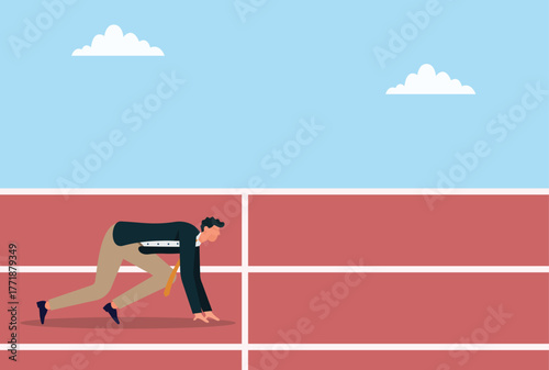 Vector illustration of a businessman in a starting position on a running track, symbolizing business competition, career start, goal achievement, determination, leadership, and motivation concept
