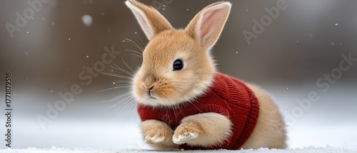 Cute rabbit in a red sweater hopping through the snow on a chilly winter day in a serene outdoor setting