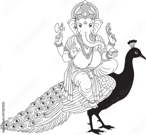 Lord Ganesha on Peacock Line Art – Unique Ganpati Coloring Page, Hindu God Outline Drawing