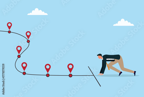 Vector illustration of a businessman at the starting line with a path marked by location pins, symbolizing planning, goal setting, business journey, and roadmap to success
