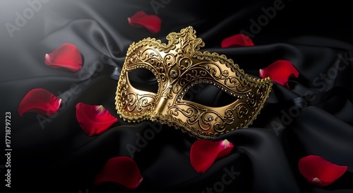 Golden Masquerade: Ornate Mask and Rose Petals on Silk