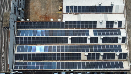 Drone top-down shot of solar panels installed in