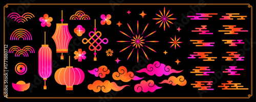 Chinese New Year Elements Pattern. Vector Gradient Lanterns, Clouds, Flowers. China Firework Icon Design. Asian Lunar Symbols Set. Traditional Knot, Lantern, Coin and Frame.
