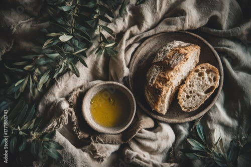 Rustic bread and olive oil with olive branches