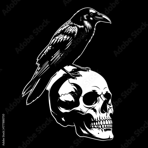 Raven perched on a skull silhouette isolated on white background