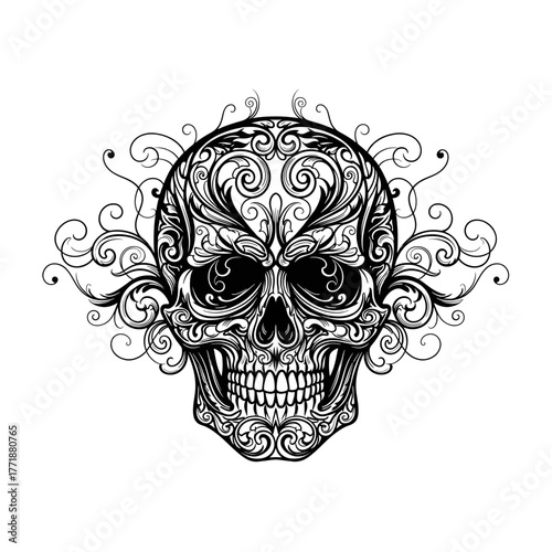 Ornate skull with floral swirls silhouette isolated on white background