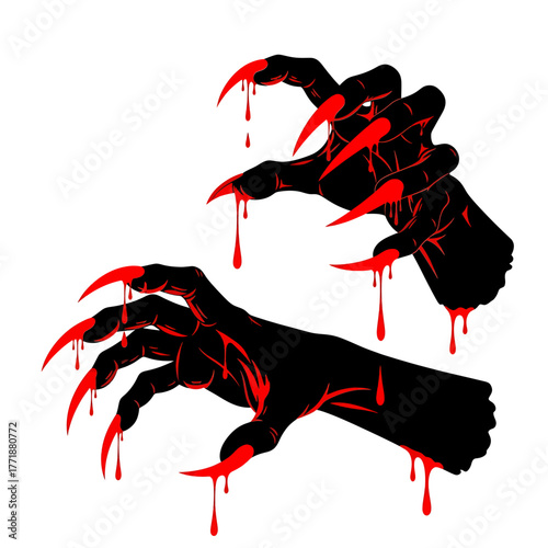 Scary black hands with red bloody claws silhouette isolated on white background