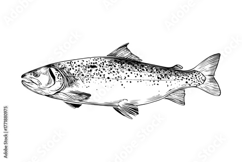 Realistic trout fish sketch in detailed hand-drawn style on a plain white background, concept of wildlife, fishing, and aquatic species