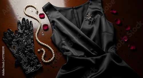 Gothic Glam: Black Dress, Lace Gloves, and Pearl Necklace