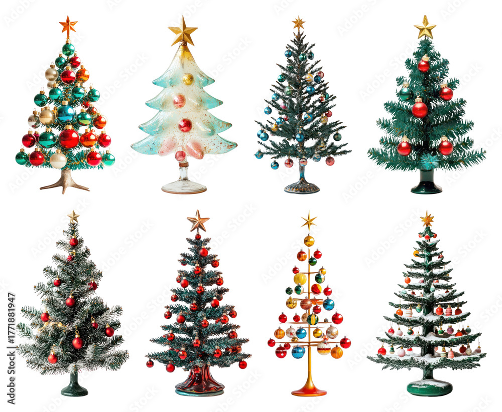 Fototapeta premium PNG Colorful vintage Christmas trees, element set on transparent background