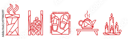 Minimalist red line icons set for winter hygge and cozy home: fireplace, firewood stack, boots, teapot, candles — ideal for seasonal services, comfort and lifestyle content.