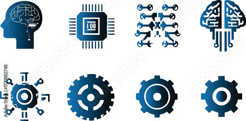 Modern technology icons set representing artificial intelligence, engineering, and mechanical systems.