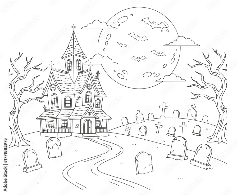 Obraz premium Haunted House and Graveyard Art Line Drawing with Bats – Halloween Vector Illustration