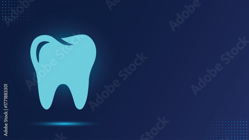 Abstract glowing cyan molar tooth icon symbolizing oral health and modern dentistry. Set against a dark blue background with digital dots and ample copy space. Ideal for medical banners, technology