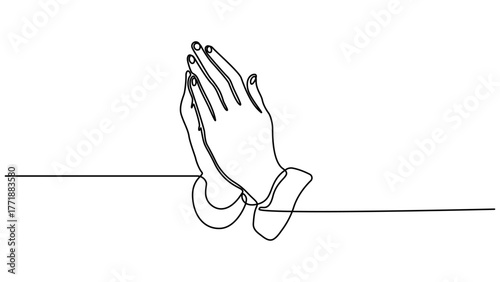 One line drawing praying hand worship religious vector illustration template design, Minimalist continuous one line drawing of praying hands, Hand in Praying position, Editable outline.