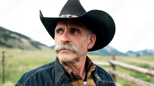 Cowboy with mustache stands confidently in a green field near mountains during daylight