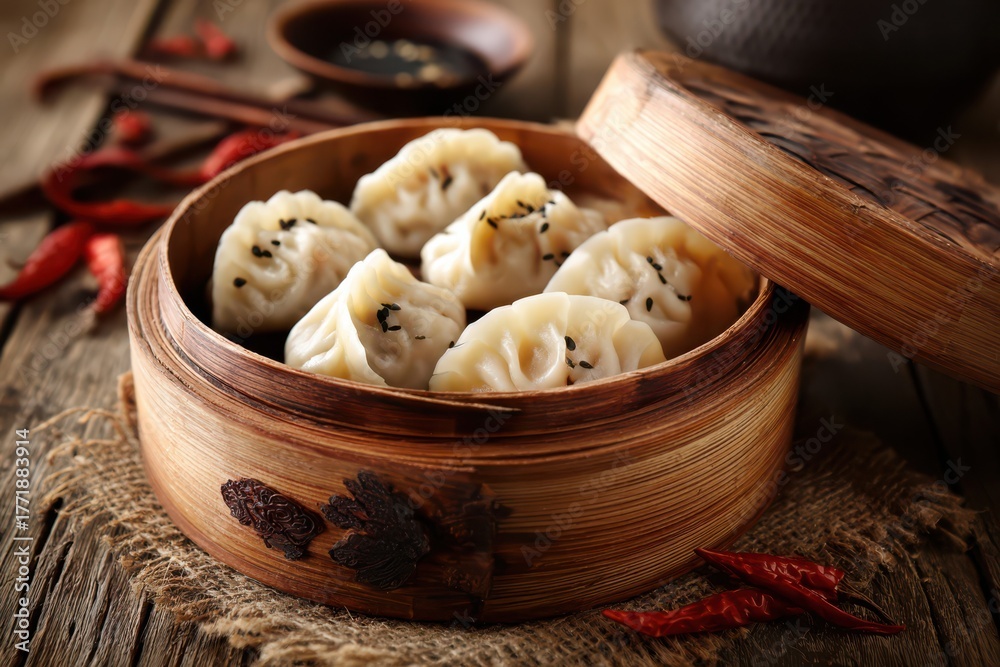 Fototapeta premium Steamed dumplings dim sum in bamboo steamer