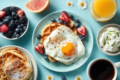 Waffles with fried egg and fresh berries for breakfast