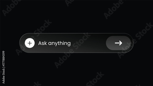 Ask Anything glassmorphism icon on black background — modern dark mode UI design with glowing blue glass effect, AI chat and question concept illustration for app, web, and technology interface.