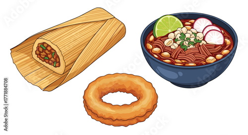 Vector  illustration of a tamale in husk, pozole in a bowl, and a donut on a plain surface view