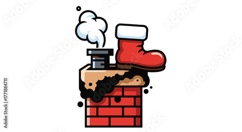 Vector  cartoon illustration of a chimney with smoke and a boot stuck on top of the structure