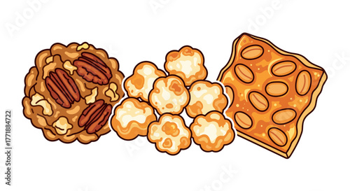 Vector  a selection of three different types of sweet treats including pecan brittle and caramel popcorn