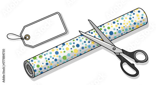 Vector  illustration showing scissors cutting patterned wrapping paper next to a blank gift tag item