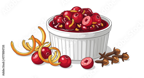 Vector  cranberry sauce in a ramekin with orange zest and cloves arranged around the container